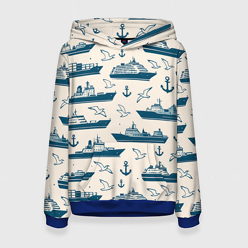 Женская толстовка Морской паттерн из чаек, якорей и кораблей / 3D-Синий – фото 1