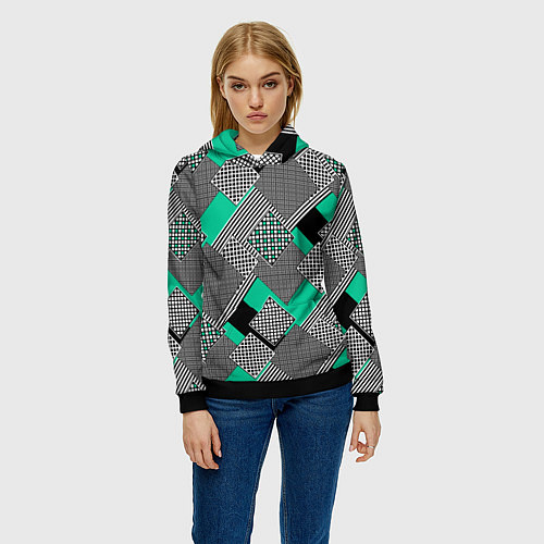 Женская толстовка Черно бирюзовая абстрактная геометрия пэчворк / 3D-Черный – фото 3