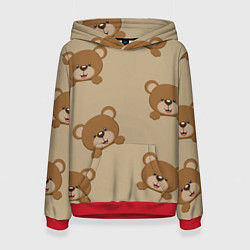 Толстовка-худи женская Медвежьи мордашки на бежевом, цвет: 3D-красный