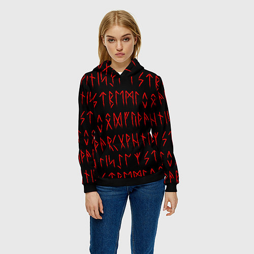 Женская толстовка Красные символы древних рун крупные - паттерн / 3D-Черный – фото 3