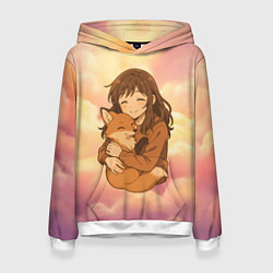 Толстовка-худи женская Девочка обнимает лисичку, цвет: 3D-белый