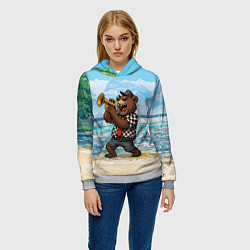 Толстовка-худи женская Медведь играет ска на пляже, цвет: 3D-меланж — фото 2