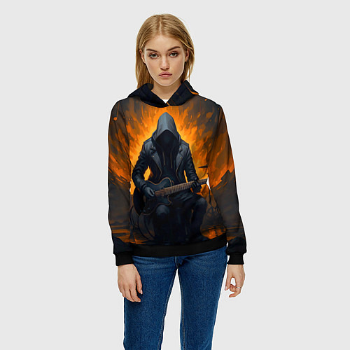 Женская толстовка Гитарист играющий в пламени / 3D-Черный – фото 3