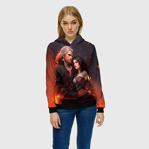 Женская толстовка Йеннифэр и Ведьмак среди огня / 3D-Черный – фото 3