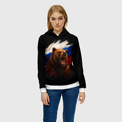 Толстовка-худи женская Медведь на фоне триколора, цвет: 3D-белый — фото 2