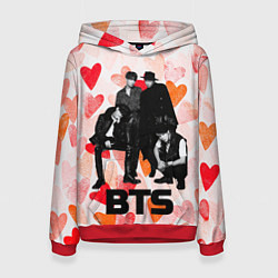 Толстовка-худи женская BTS на фоне сердечек, цвет: 3D-красный