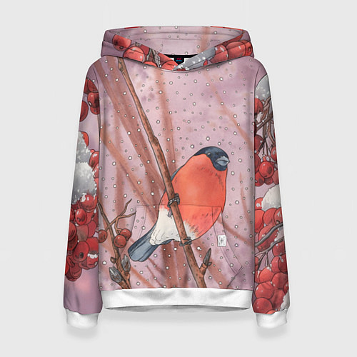 Женская толстовка Акварельный снегирь в рябине / 3D-Белый – фото 1