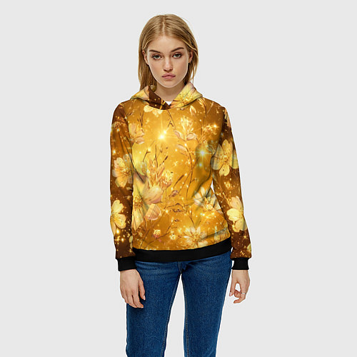 Женская толстовка Цветочный золотой с искрами / 3D-Черный – фото 3