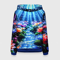 Толстовка-худи женская Цветы на глубине освещённые лучами, цвет: 3D-синий