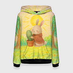 Толстовка-худи женская Заяц обнимает кактус, цвет: 3D-черный