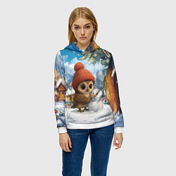 Толстовка-худи женская Совушка в шапочке лепит снеговика, цвет: 3D-белый — фото 2