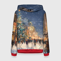 Толстовка-худи женская Новый год в Москве новогодняя елка, цвет: 3D-красный