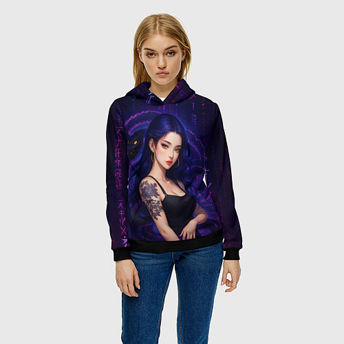 Женская толстовка Девушка с тату на руке и пурпурная змея / 3D-Черный – фото 3