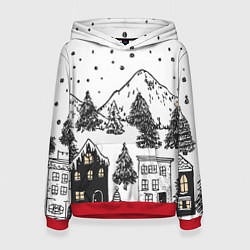 Толстовка-худи женская Заснеженный черно-белый город, цвет: 3D-красный