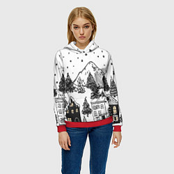 Толстовка-худи женская Заснеженный черно-белый город, цвет: 3D-красный — фото 2