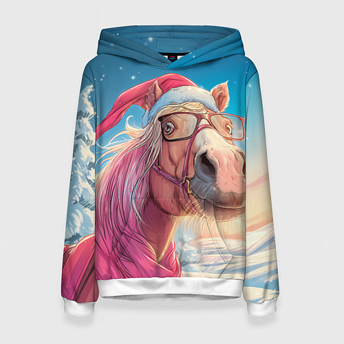 Женская толстовка Новогодняя лошадь в очках / 3D-Белый – фото 1