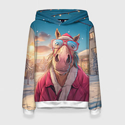 Толстовка-худи женская Удивленная лошадь в очках, цвет: 3D-белый