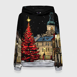 Толстовка-худи женская Красная новогодняя елка, цвет: 3D-меланж