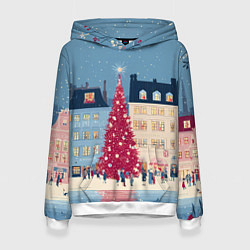 Толстовка-худи женская Новогоднее гуляние у красной елки, цвет: 3D-белый