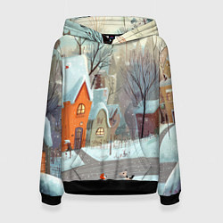 Толстовка-худи женская Милый новогодний дворик, цвет: 3D-черный
