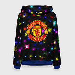 Толстовка-худи женская Манчестер Юнайтед праздничные огни, цвет: 3D-синий