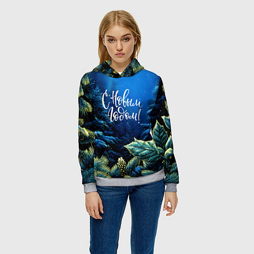 Женская толстовка С новым годом - елочные ветки / 3D-Меланж – фото 3