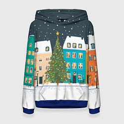 Толстовка-худи женская Новогодний снежный город, цвет: 3D-синий