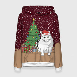 Толстовка-худи женская Кот Бендер и ёлка, цвет: 3D-белый