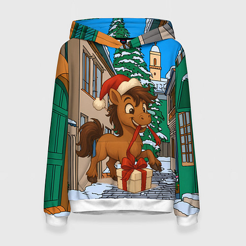 Женская толстовка Лошадка распаковывает новогодний подарок / 3D-Белый – фото 1