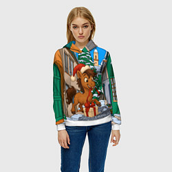 Толстовка-худи женская Лошадка распаковывает новогодний подарок, цвет: 3D-белый — фото 2