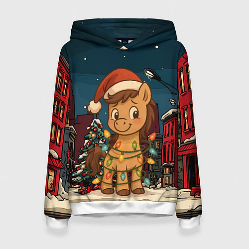 Женская толстовка Лошадка в новогодней гирлянде / 3D-Белый – фото 1