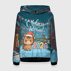 Толстовка-худи женская Новогодняя лошадка 2026 год, цвет: 3D-черный