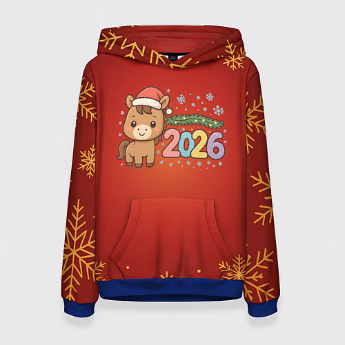 Женская толстовка Новогодняя лошадка 2026 на красном фоне / 3D-Синий – фото 1