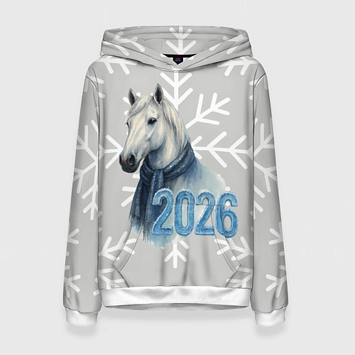 Женская толстовка Лошадь на фоне снижинок 2026 / 3D-Белый – фото 1