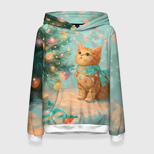 Женская толстовка Милый рыжий котенок любуется елкой / 3D-Белый – фото 1