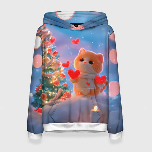 Женская толстовка Рыжий котенок в сердечках у елочки / 3D-Белый – фото 1
