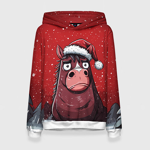 Женская толстовка Конь в новогодней шапке / 3D-Белый – фото 1