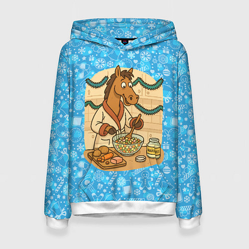 Женская толстовка Лошадь готовит Оливье на Новый год / 3D-Белый – фото 1