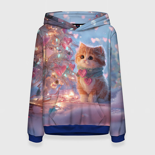 Женская толстовка Маленький котенок у сияющей елочки / 3D-Синий – фото 1
