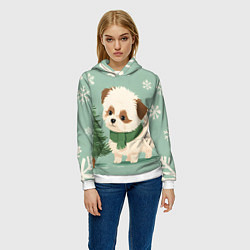 Толстовка-худи женская Новогодний песик с елочкой, цвет: 3D-белый — фото 2