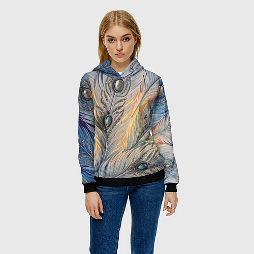 Женская толстовка Синие перья с самоцветами / 3D-Черный – фото 3