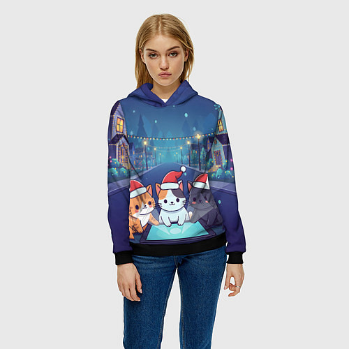 Женская толстовка Новогодние котики с планшетом / 3D-Черный – фото 3