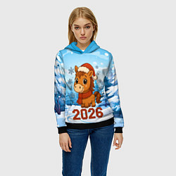 Толстовка-худи женская Лошадка со снежинками - зимний лес, цвет: 3D-черный — фото 2