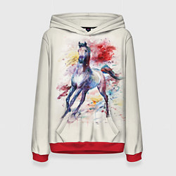 Толстовка-худи женская Лошадь: акварель, цвет: 3D-красный
