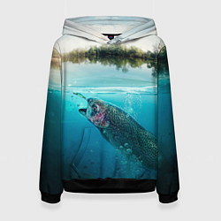 Толстовка-худи женская Рыбалка на спиннинг, цвет: 3D-черный