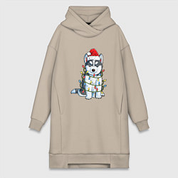 Женская толстовка-платье НОВОГОДНИЙ ХАСКИ В ГИРЛЯНДЕ