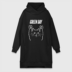 Женское худи-платье Green Day Рок кот, цвет: черный