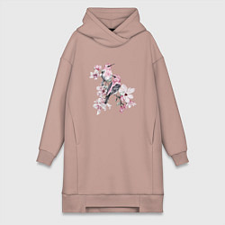 Женское худи-платье Розовые птицы и цветы магнолии, цвет: пыльно-розовый