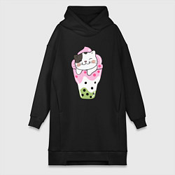 Женское худи-платье Довольный котик в мороженом, цвет: черный