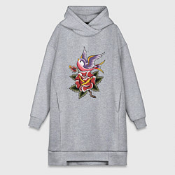Женское худи-платье Птица с розой, цвет: меланж